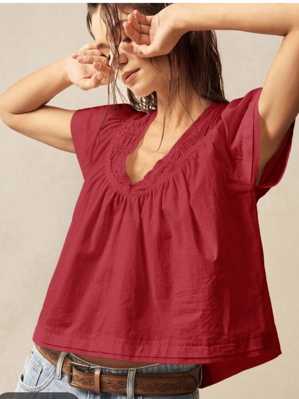Deep Red V-Neck Short Sleeve Peasant Blouse 100% Cotton